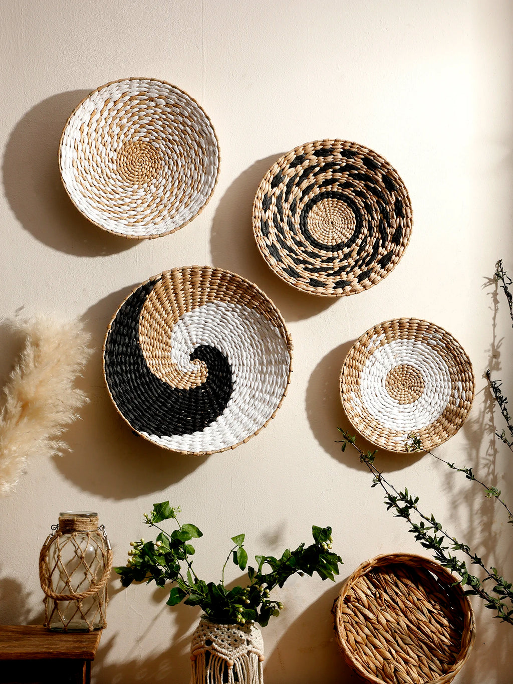 Boho Round Beige Woven Wall Basket