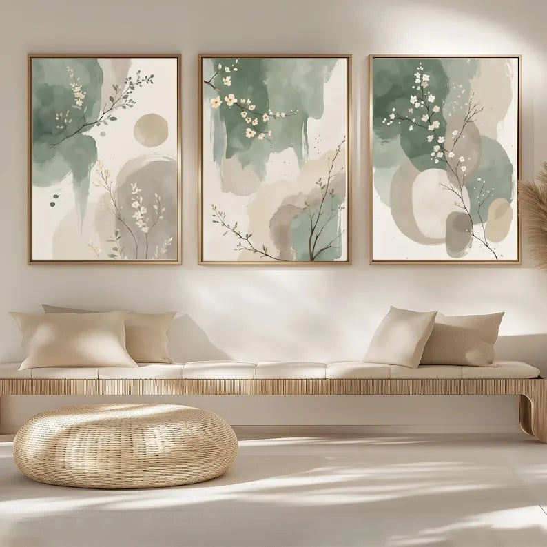 Set of 3 Japandi Sage Green Canvas Wall Art