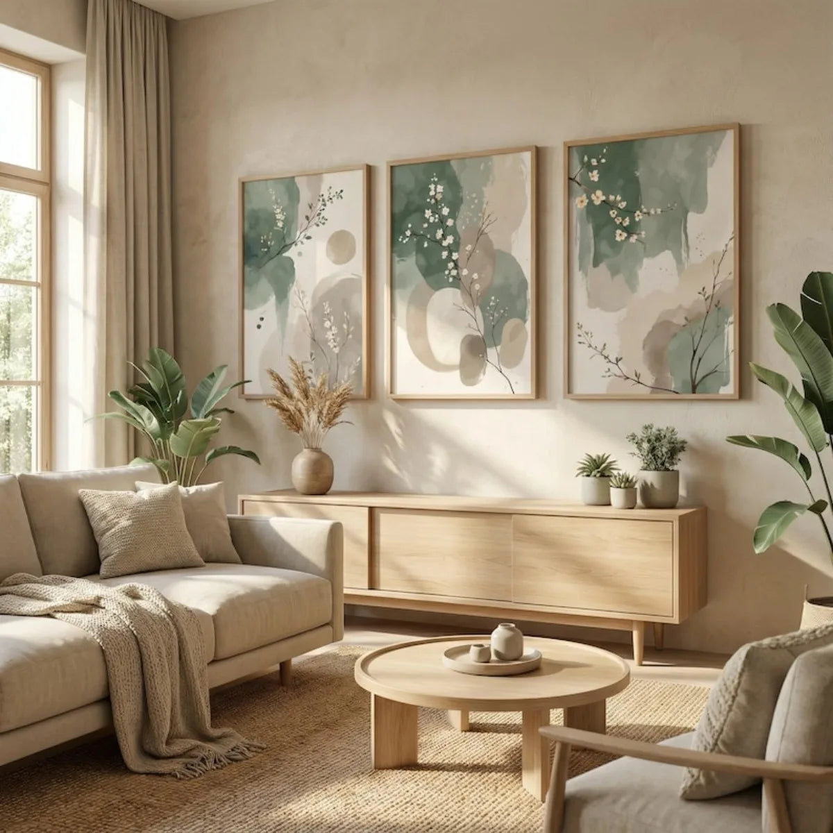 Set of 3 Japandi Sage Green Canvas Wall Art