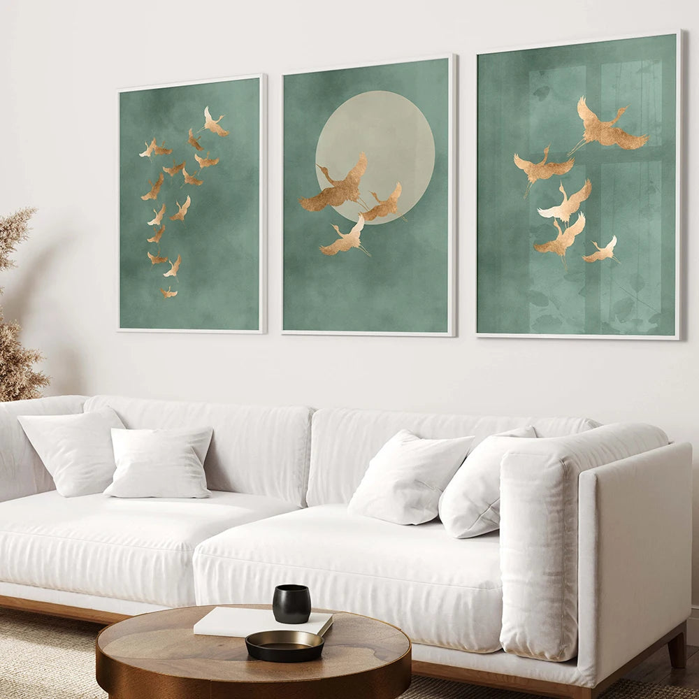 Set of 3 Japandi Round Sage Green Canvas Wall Art