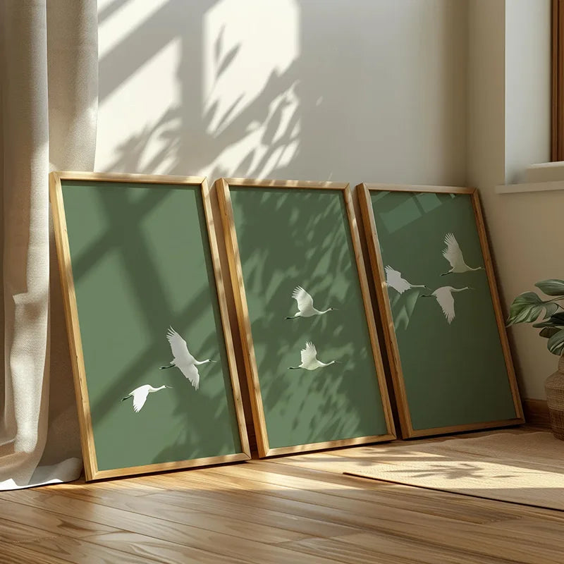 Set of 3 Japandi Rectangular Sage Green Canvas Wall Art