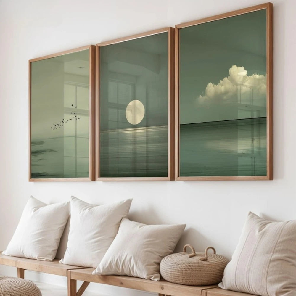 Set of 3 Japandi Sage Green Canvas Wall Art
