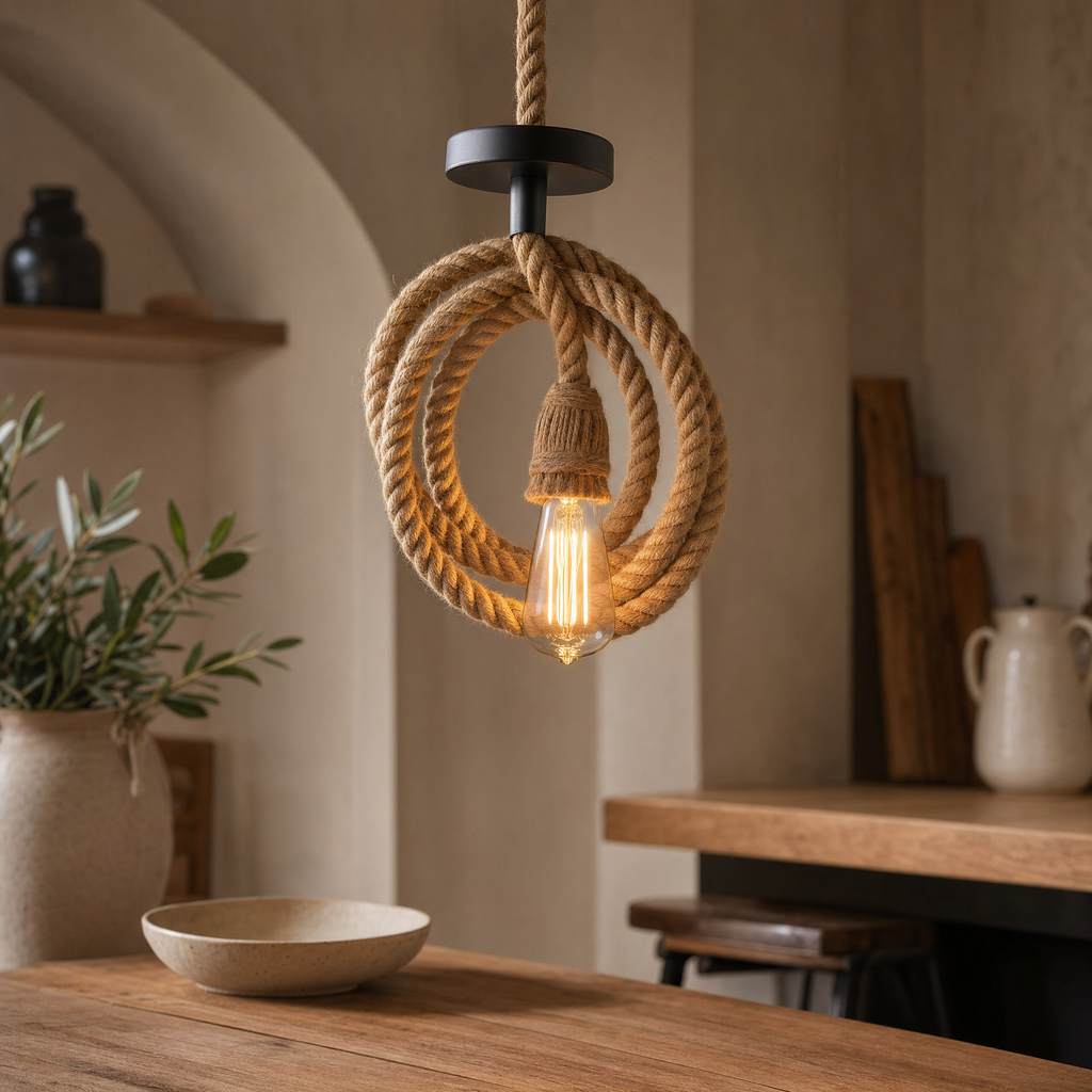 Vintage Hemp Rope Industrial Edison Pendant Light styled in a warm modern interior