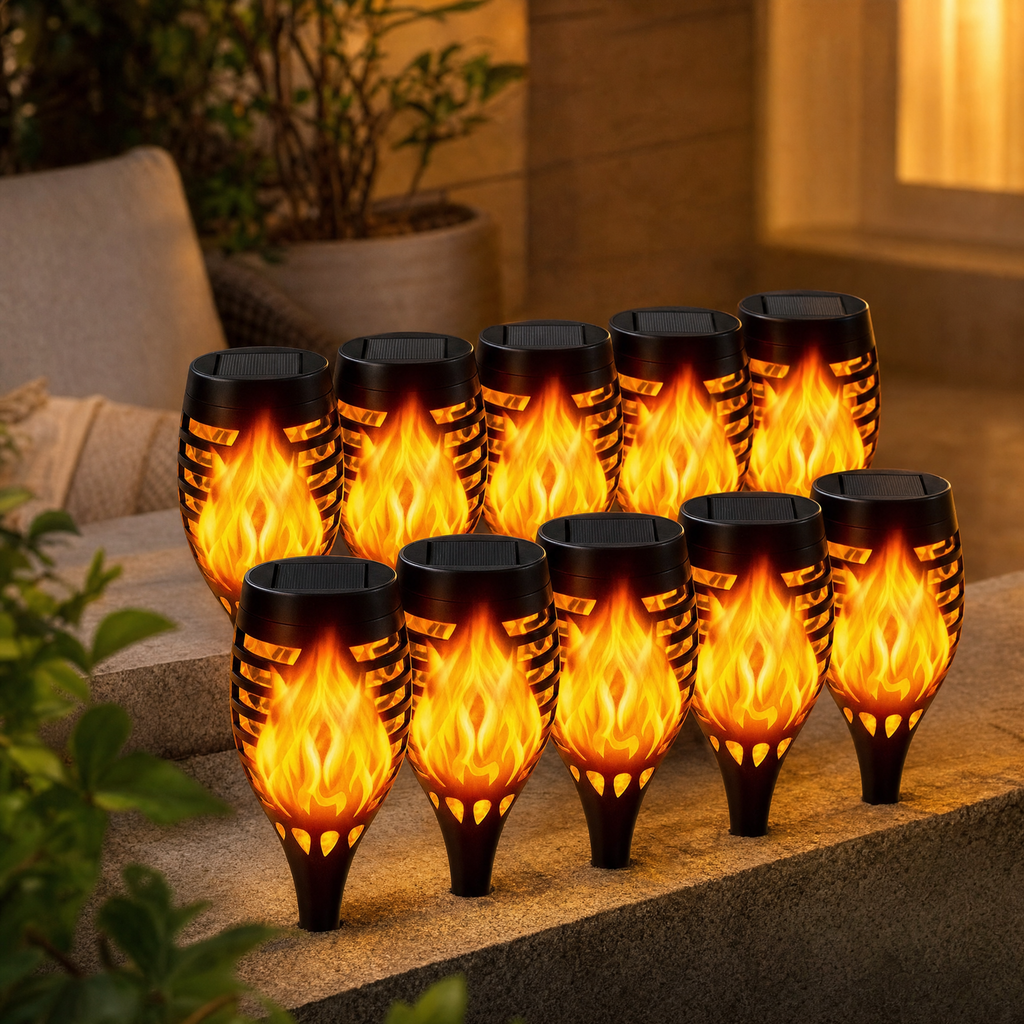 Solar Flame Torch Lights styled outdoors at dusk