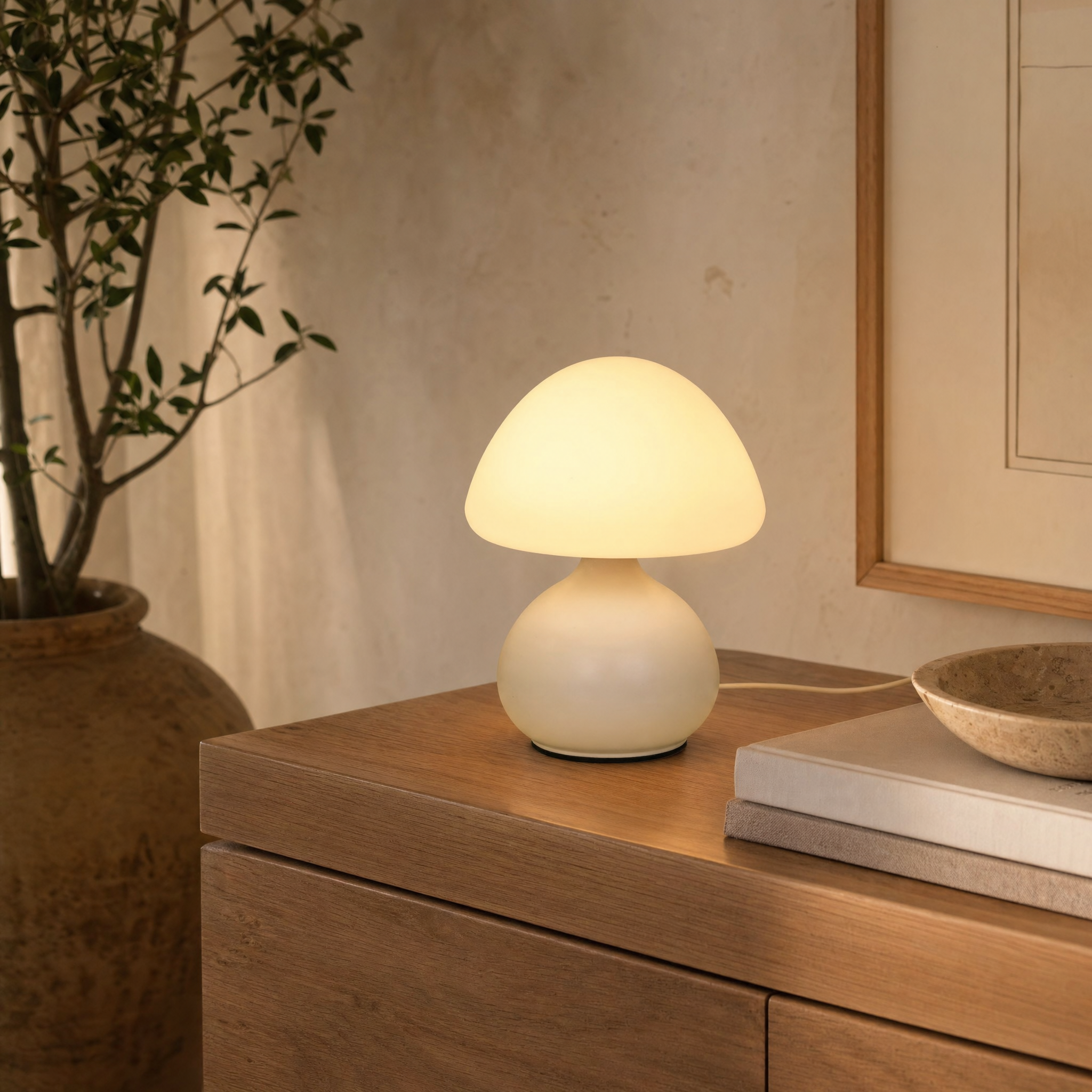 Modern mushroom table lamp glowing in a styled interior