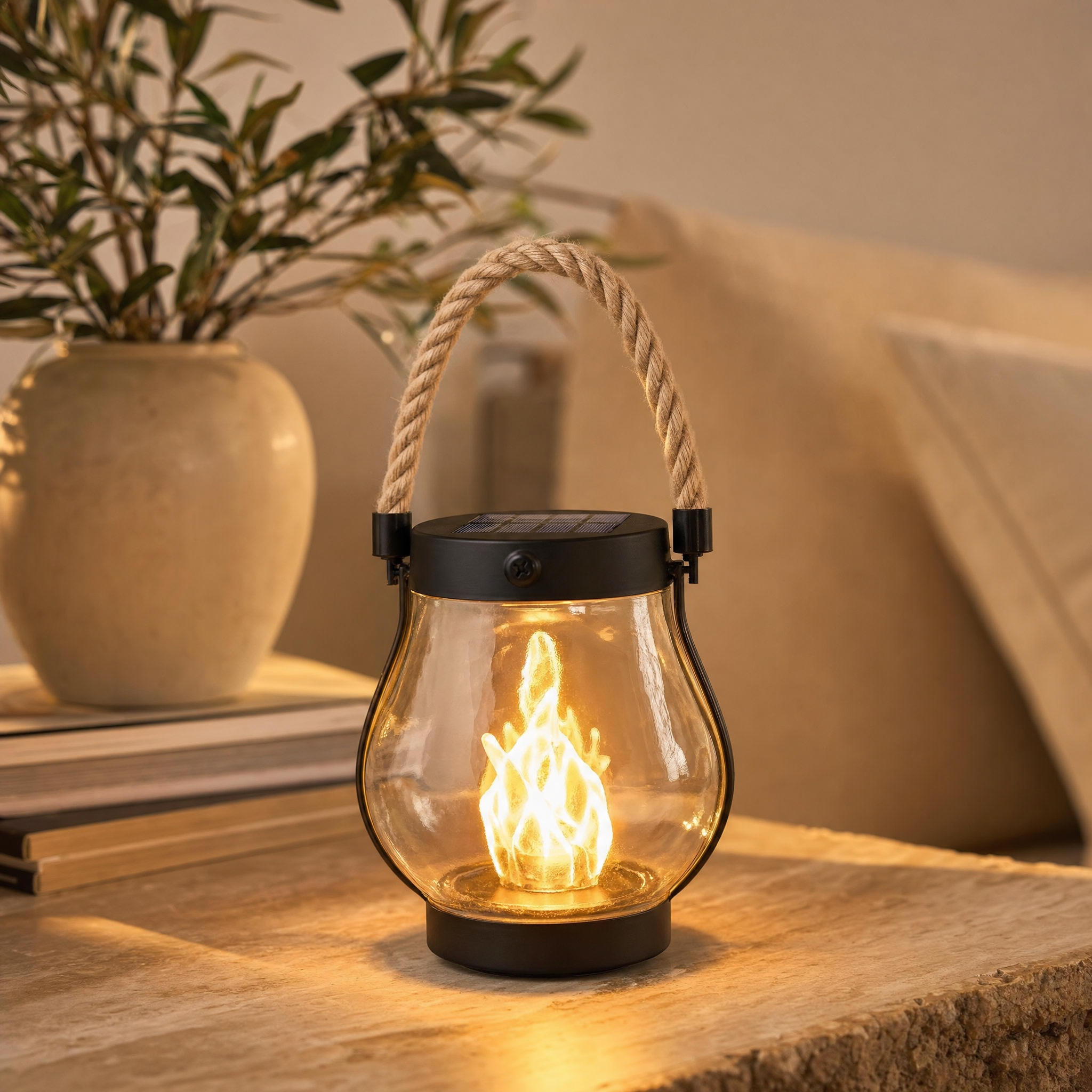 Solar flame lantern glowing on a patio at dusk