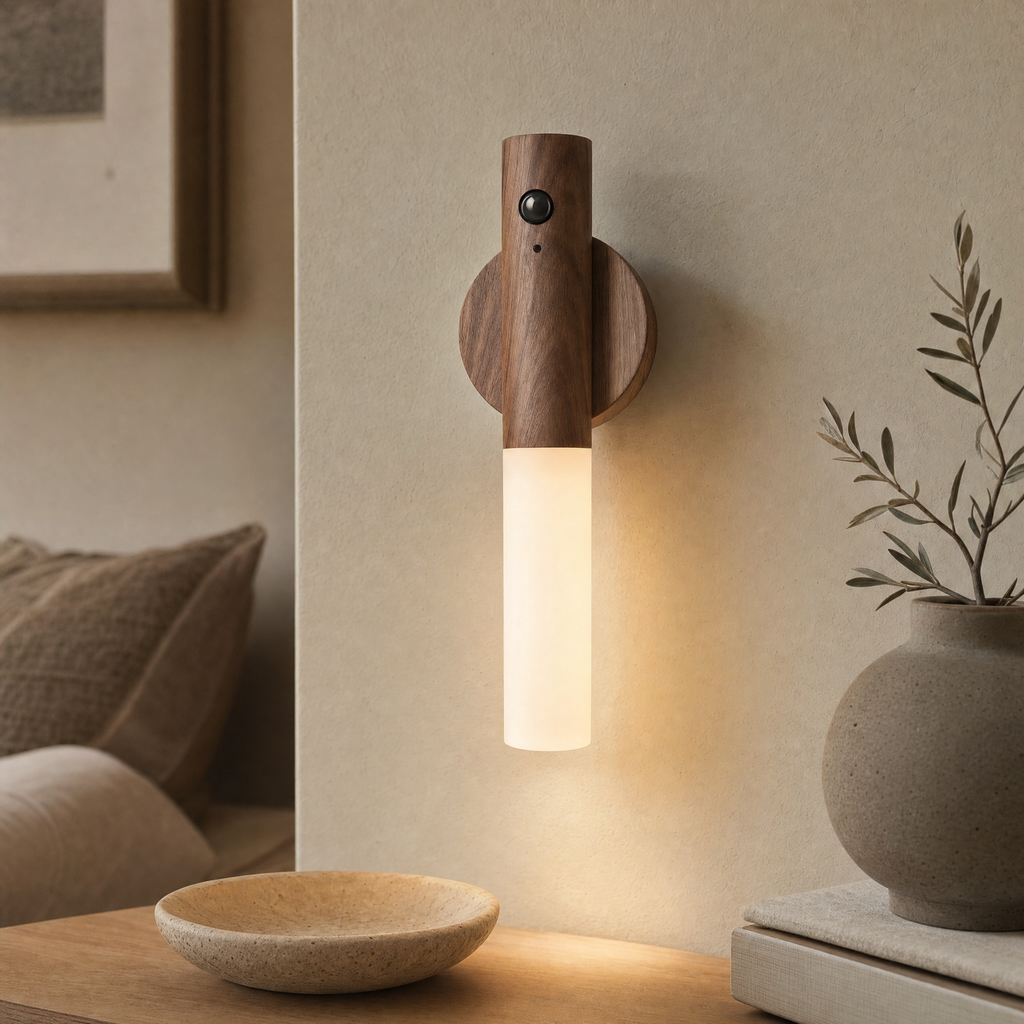 Rechargeable wooden magnetic wall sconce styled in a warm interior