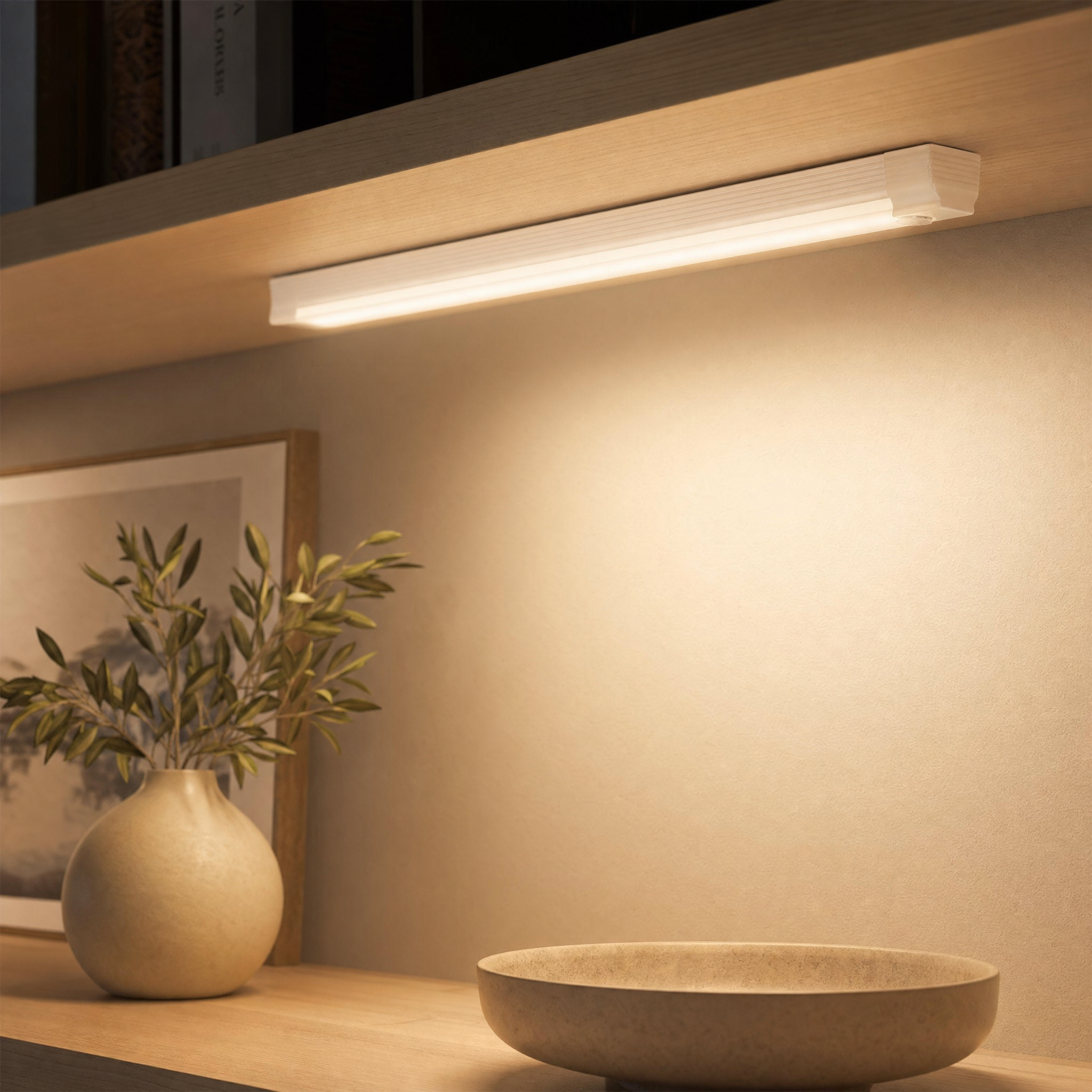 Wireless LED motion sensor night light in a warm interior