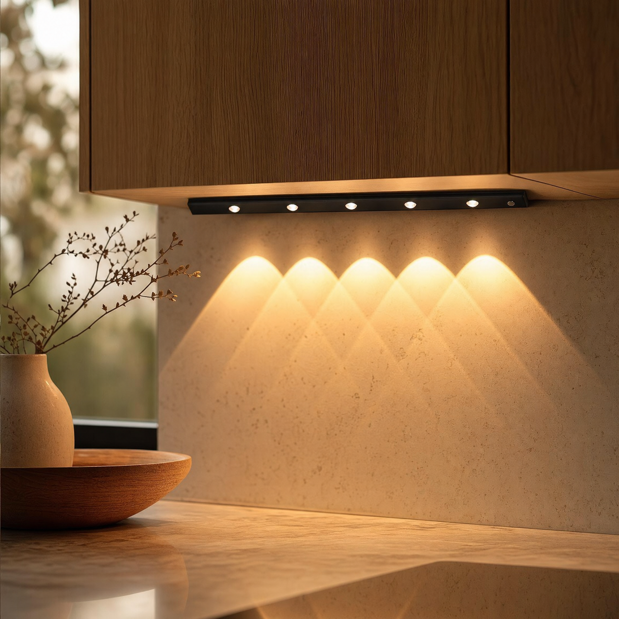 LED under-cabinet motion light styled in a modern kitchen