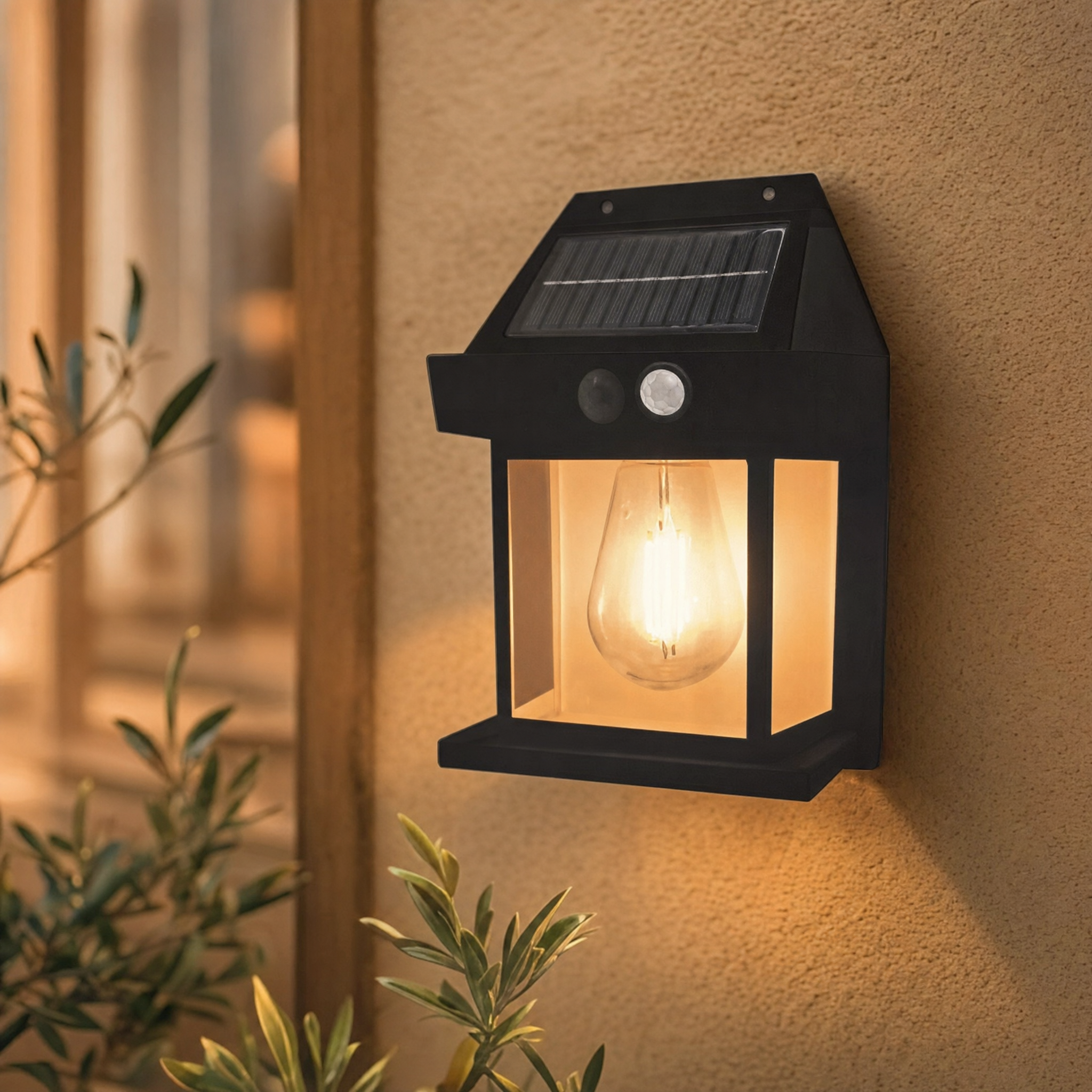 Outdoor solar LED street light glowing at dusk in a garden