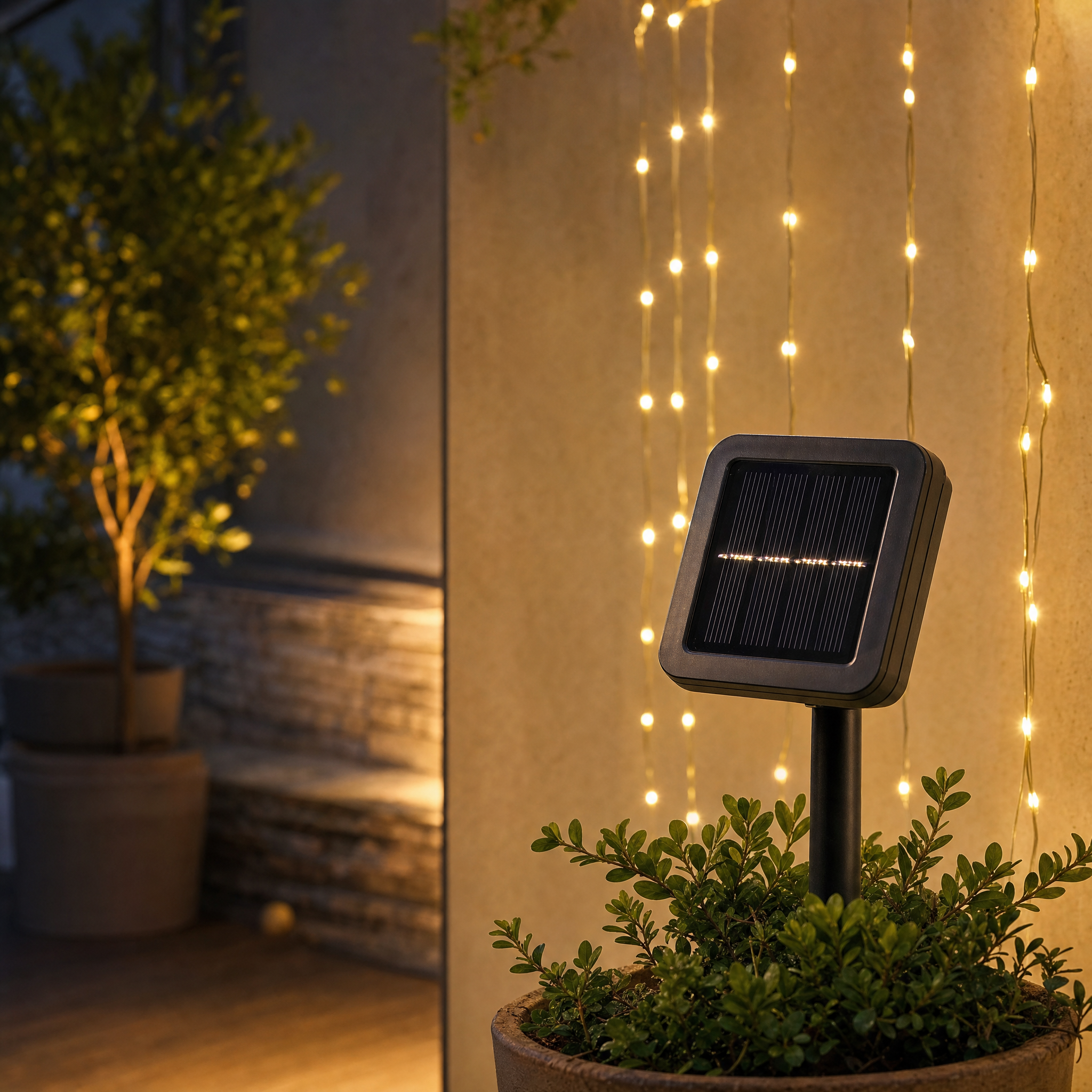 Solar curtain string lights glowing on an exterior wall at dusk