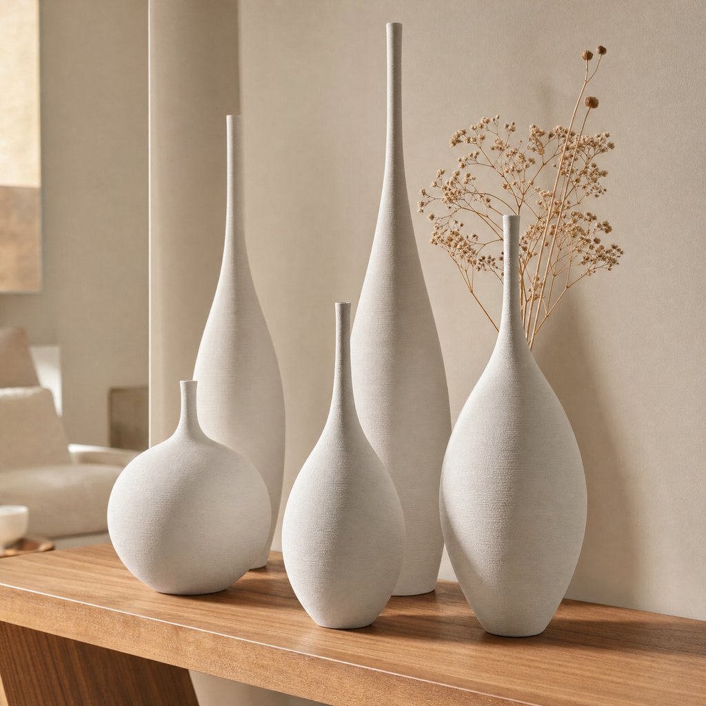 Minimalist Zen ceramic art vase styled on a wood surface in a warm interior